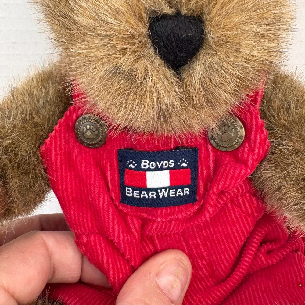 Boyds BearWear Plush Teddy Bear Brown Shaggy‎ Fur Red Corduroy Overalls 10 inch